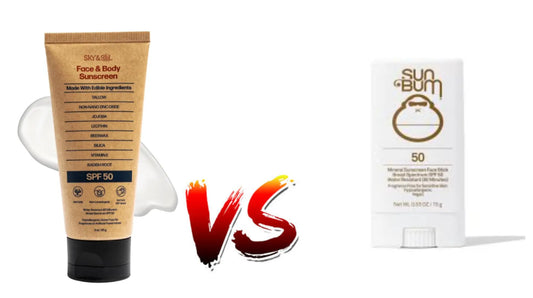 Sky&Sol and Sun Bum mineral sunscreens side by side with SPF 50 labels