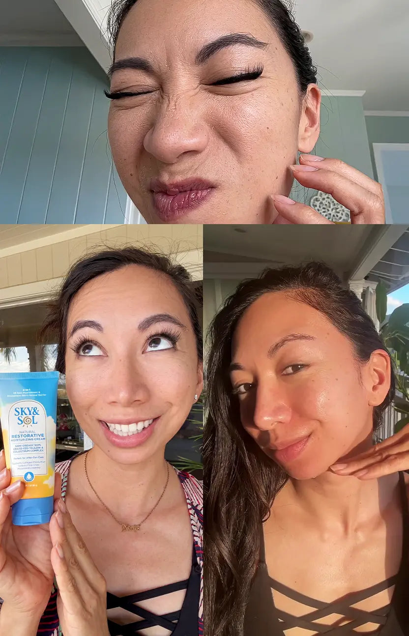 Three photos of a woman applying Sky and Sol The Everything Cream in everyday settings