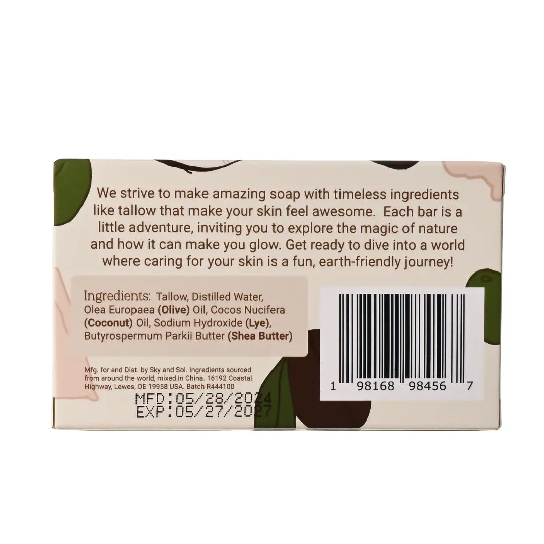 Back of Sky & Sol Tallow Soap packaging, listing ingredients: Tallow, Olive Oil, Coconut Oil, Lye, and Shea Butter. 